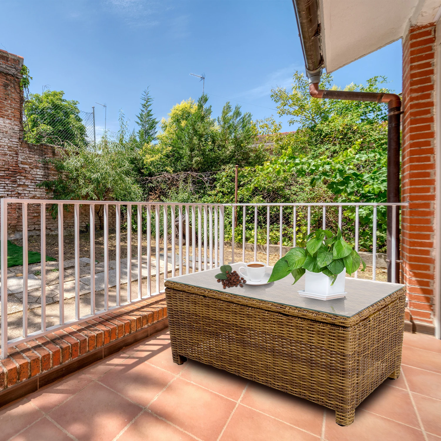 Table basse rectangulaire en rotin pour l'extérieur, petite table d'appoint carrée, dessus en verre, tous temps, étanche, PE, WUNICEF