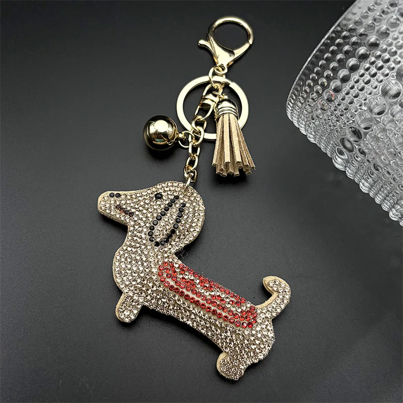 Glatter Dackel-Hund-Schlüsselanhänger für Damen und Herren, voller Kristall, niedlicher Tier-Welpen-Quaste, Damentasche, Zubehör, Schlüsselanhänger, Schmuck, Geschenke – Detail 4