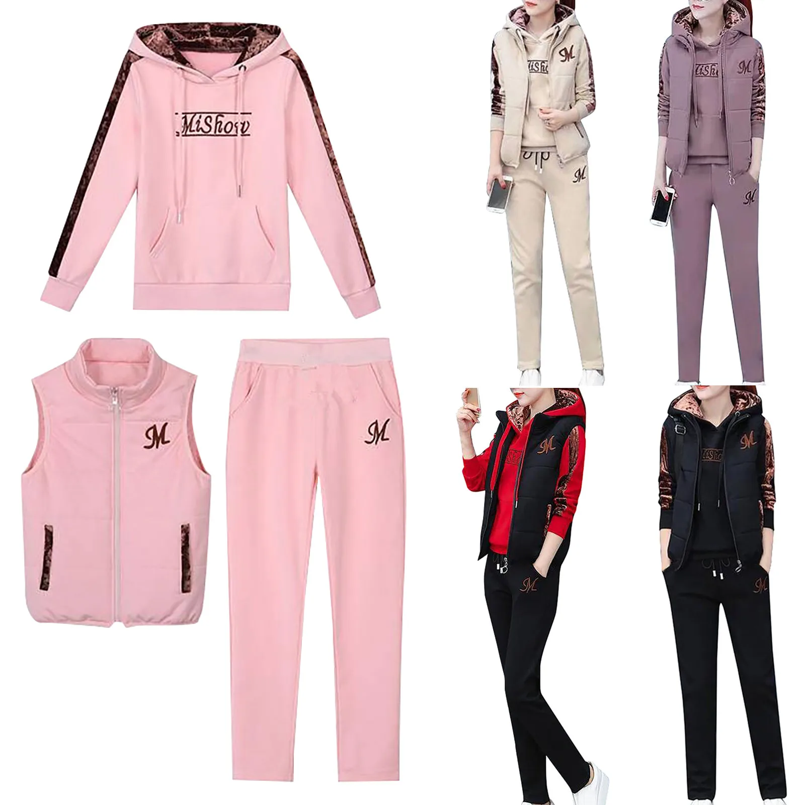 3Pcs/Set Simple Women Tracksuit Thickened Elastic Waist Letter Print Women Hoodie Jogging Pants Zipper Vest Suit Coldproof
