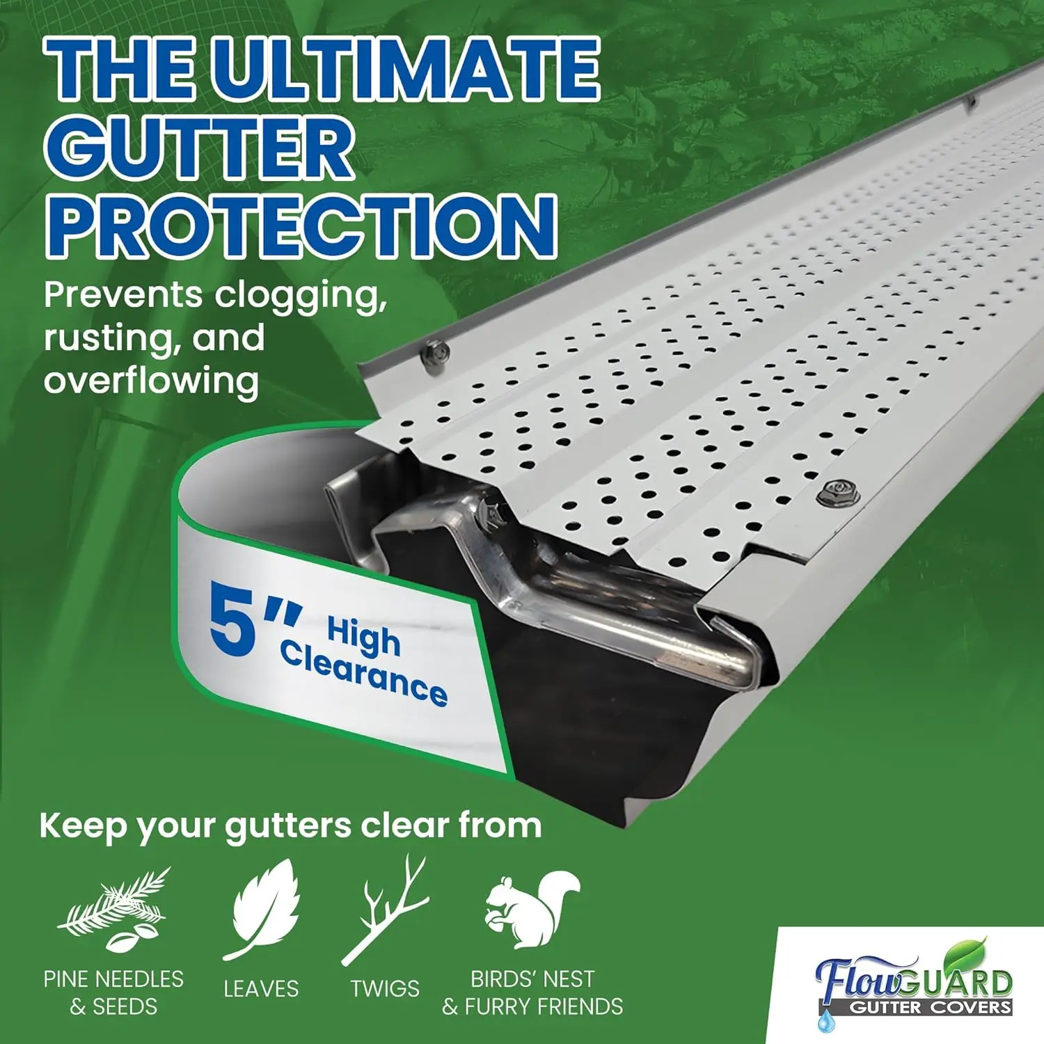 Gutter Cover System, Flow Guard, High Clearance, Branco, Alumínio, Premium 50 Anos, 5 Polegada, 1020 Pés, 50 Anos