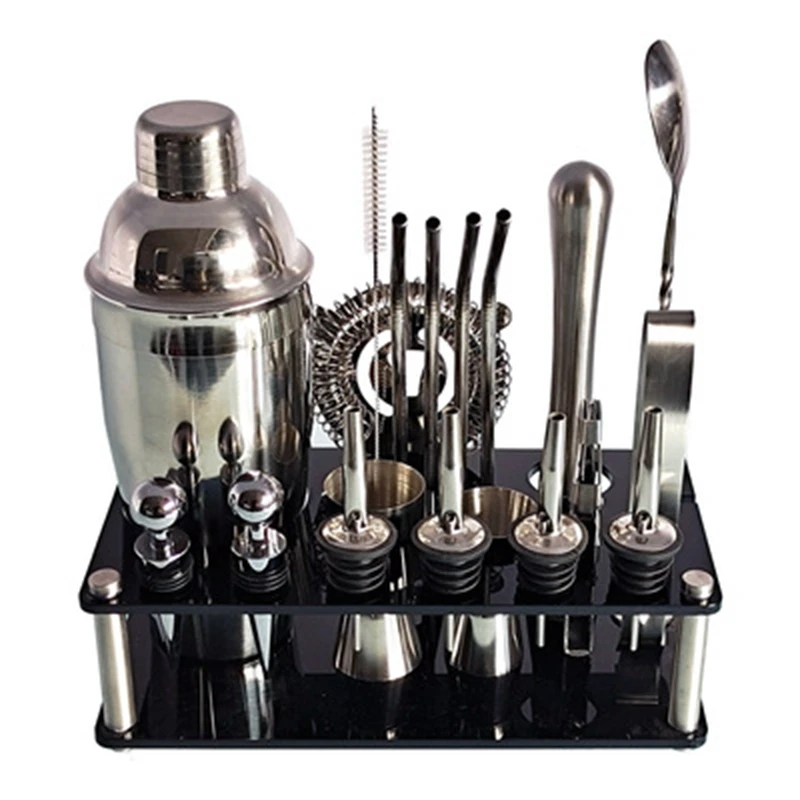 HOT SALE Stainless Steel Cocktail Shaker Set Bartender Kit Boston Shaker Tool Set With Acrylic Stand And Bar Tools Set