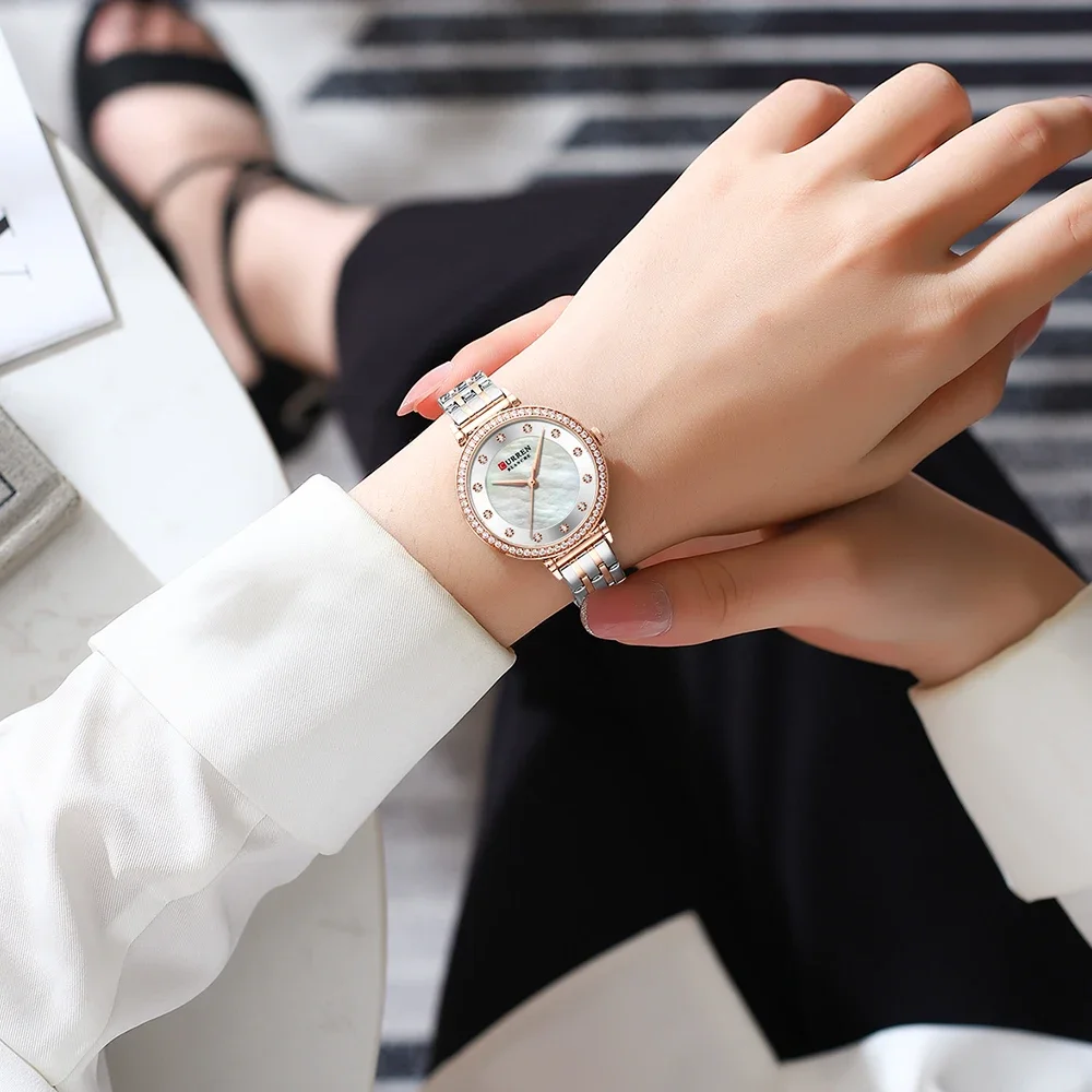 CURREN 9087 Luxury Slim Women's Watch Two Tone Stainless Steel Band Mother of Pearl Dial with Rhinestones Elegant Quartz Watch