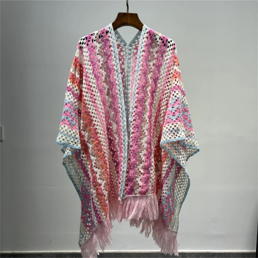 

2024 Women Knitted Split Office Blanket Autumn Female Bohemian Long Travel Poncho Shawl Cape Loose Outerwear Tassel Cloak