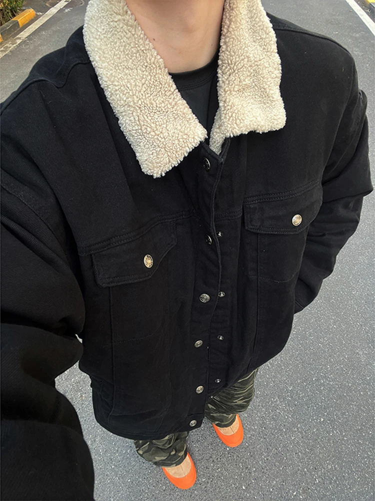 Black Lamb Velvet Jacket Men's Winter Fleece Lined Thickened Denim Jacket Cotton Short Style American Retro Cotton Coat