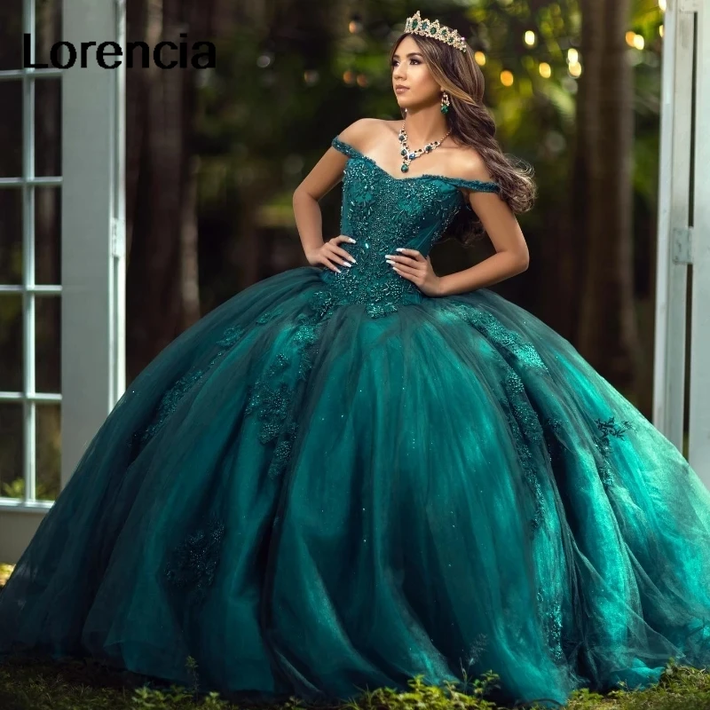 

Lorencia Emerald Green Quinceanera Dress Ball Gown Sequins Lace Applique Beading Mexican Sweet 16 Vestidos De 15 Años YQD814