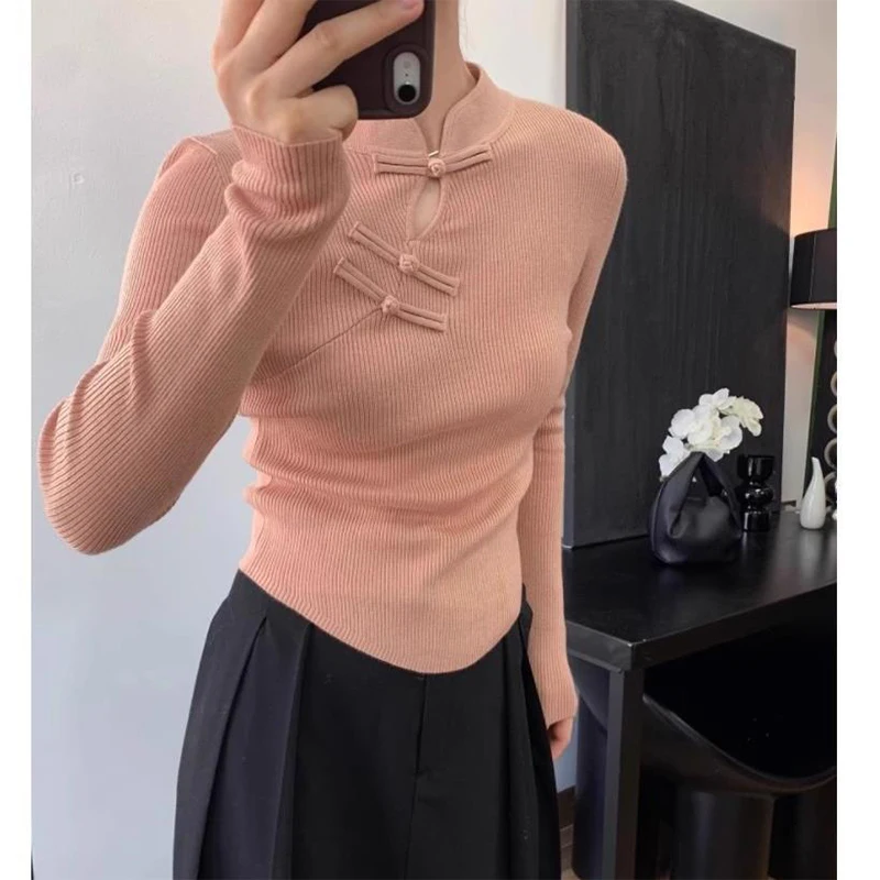 Autumn Winter Chinese Style Flog Slim Sweater Female Literary Vintage Bottoming Jumpers Ladies Solid Color Knitting Top Women