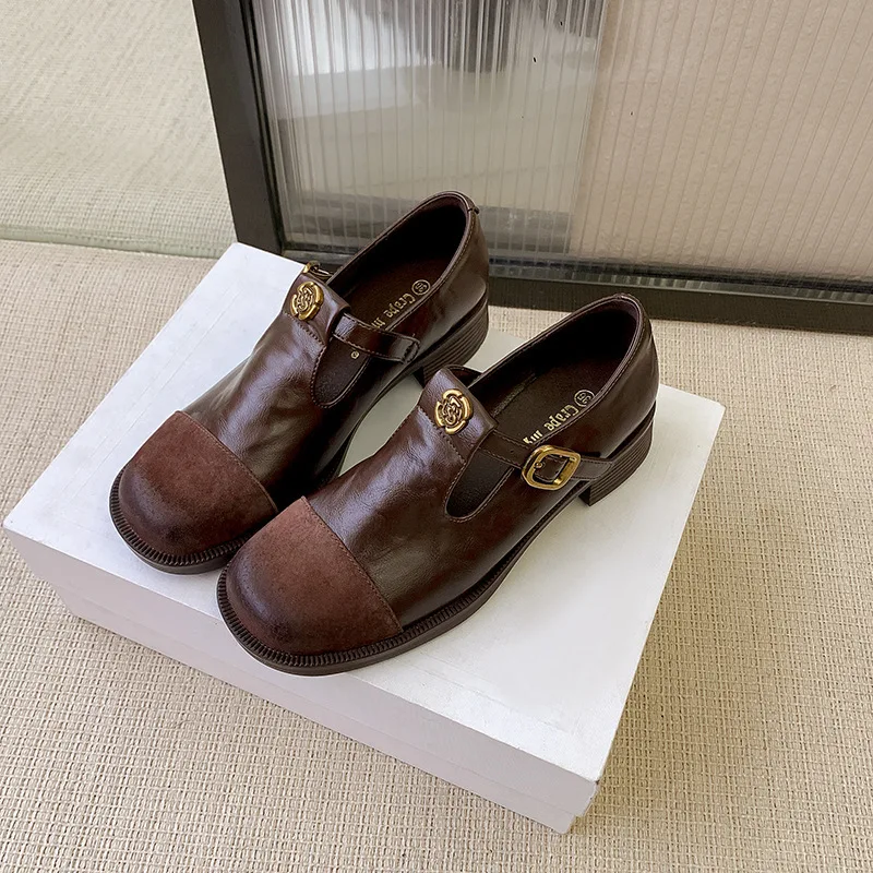 

Женские ретро-лоферы с пряжками, на массивном каблуке, из натуральной кожи, с цветочным узором, с круглым носком, на низком ходу, для повседневной носки весной