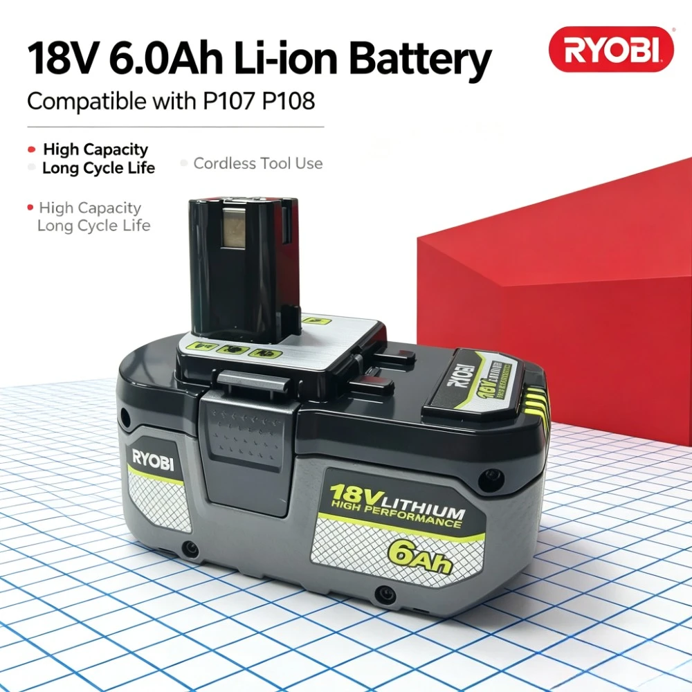 RYOBI 18V 6.0Ah Lithium Battery High Capacity Replacement Battery for Cordless Drill Impact Wrench Grinder Power Tools