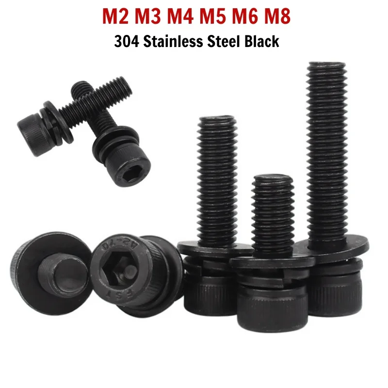 

M2 M2.5 M3 M4 M5 M6M8 304 A2 Stainless Steel Black Hexagon Hex Socket Head Cap Screw Allen Bolt with Washer Spring Gasket DIN912