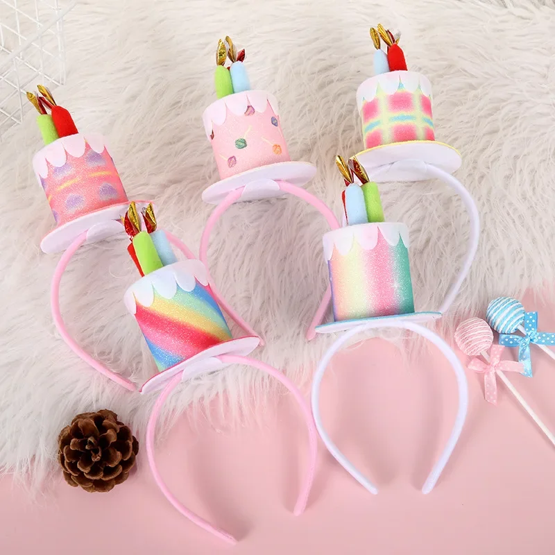 Shiny Pink Leather Birthday Cake Hat Colorful Gradual Color Hair Band Happy Birthday Party Decor Kids Favor Headband Hair Hoop