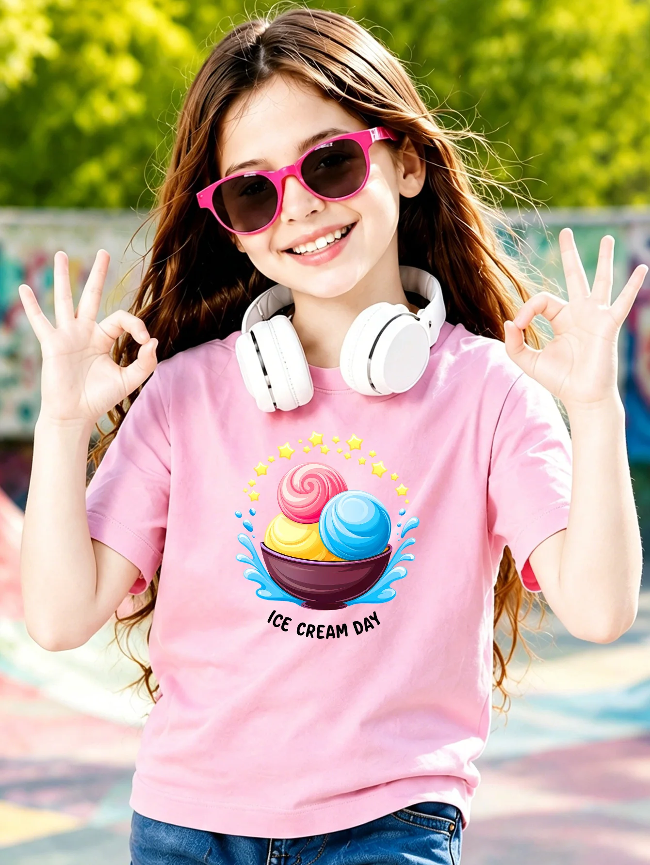 Colorful Ice Cream Bowl Star Splash Letter Print Kids T Shirt Boys Girls Cotton Short Sleeve Parent Child Sweet Summer Basic Tee