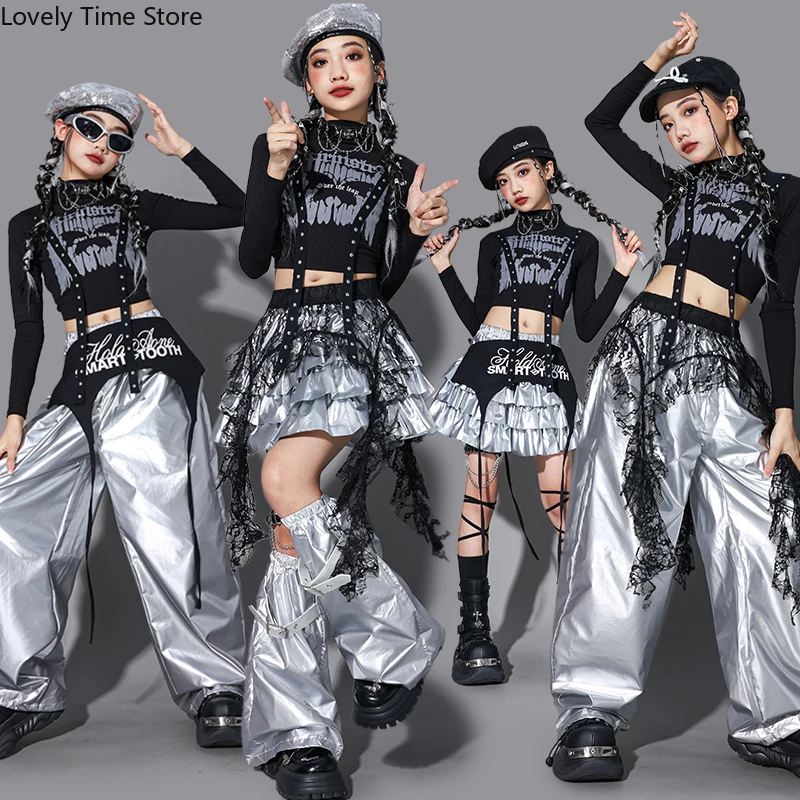 

Укороченный топ K-pop для девочек, многоуровневая юбка, серебряный жилет в стиле хип-хоп для мальчиков, брюки для уличных танцев, детские комплекты одежды для джазовых девочек, детская уличная одежда