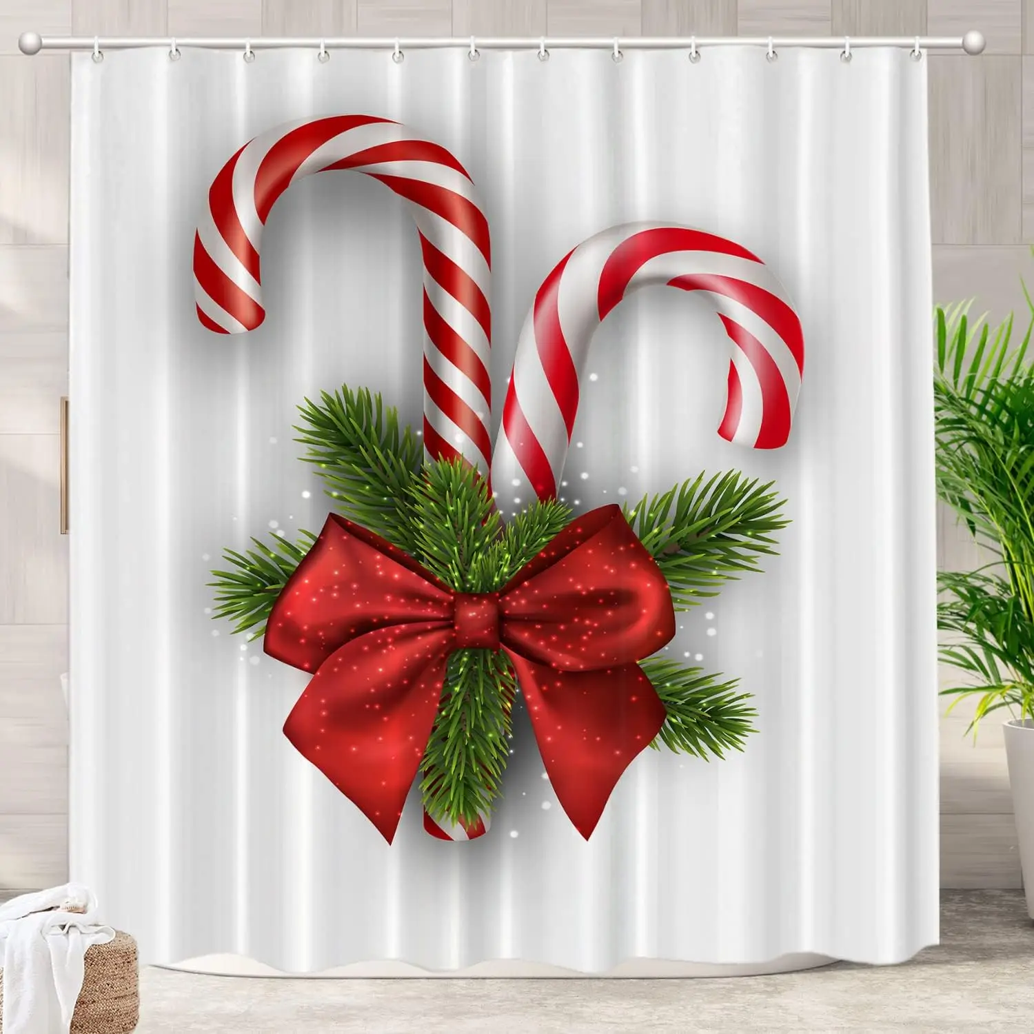 Red Festival Christmas Decor Shower Curtain, Green Candy Bathroom Decor Polyester Fiber Plastic Rings Quick-Drying Waterproof