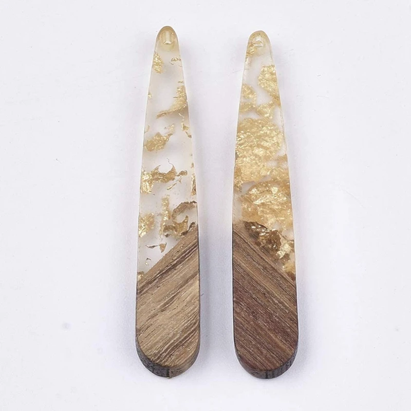 50 Pcs Resin & Wood Pendants Golden Foil Drop Shaped Long Wooden Charms In Bulk For Jewellery Making DIY Crafting - 44Mm