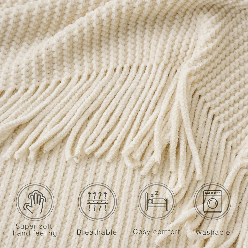 Battilo Chenille Knit Blankets with Tassels Caramel Plaid Throw Blanket for Bed Couch Decorative Sofa Blanket Bedroom Fall Decor