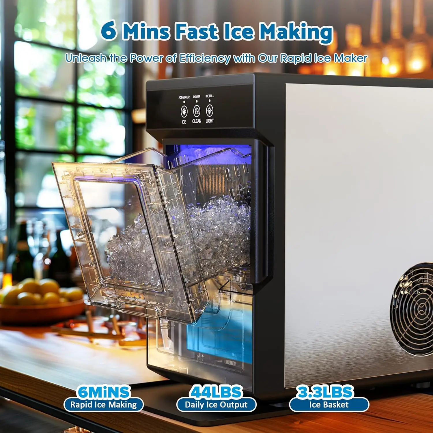 Countertop Ice Maker, 44Lbs/Day Pebble Ice Machine with Soft Chewable Ice, One-Click Operation, Self-Cleaning, Portable S