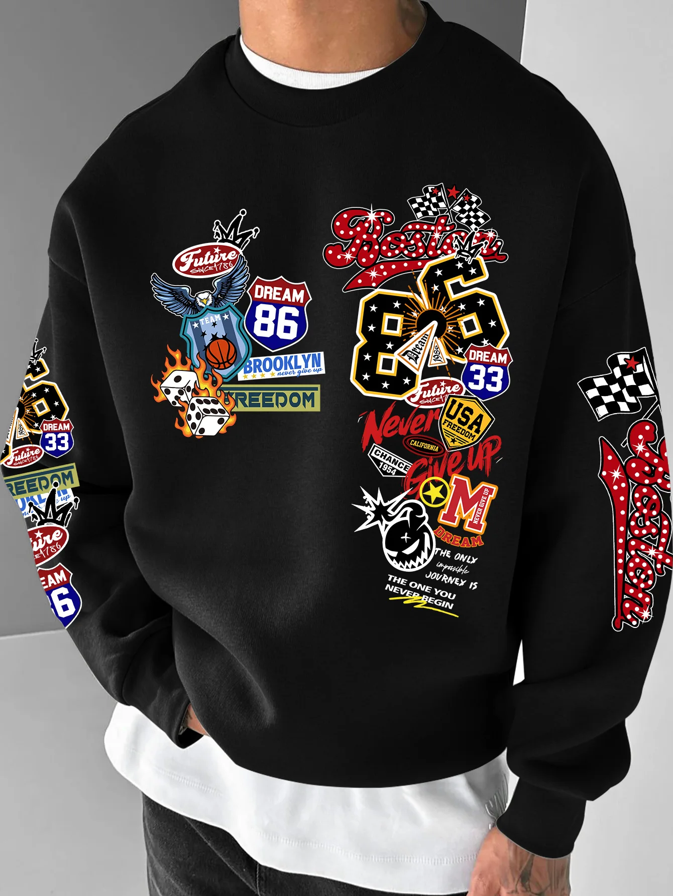 Modisches Sweatshirt für Damen und Herren, Boston-Graffiti-Collage-Print, amerikanischer Retro-Racing-Street-Style, Oversized, S-XXL – Detail 4