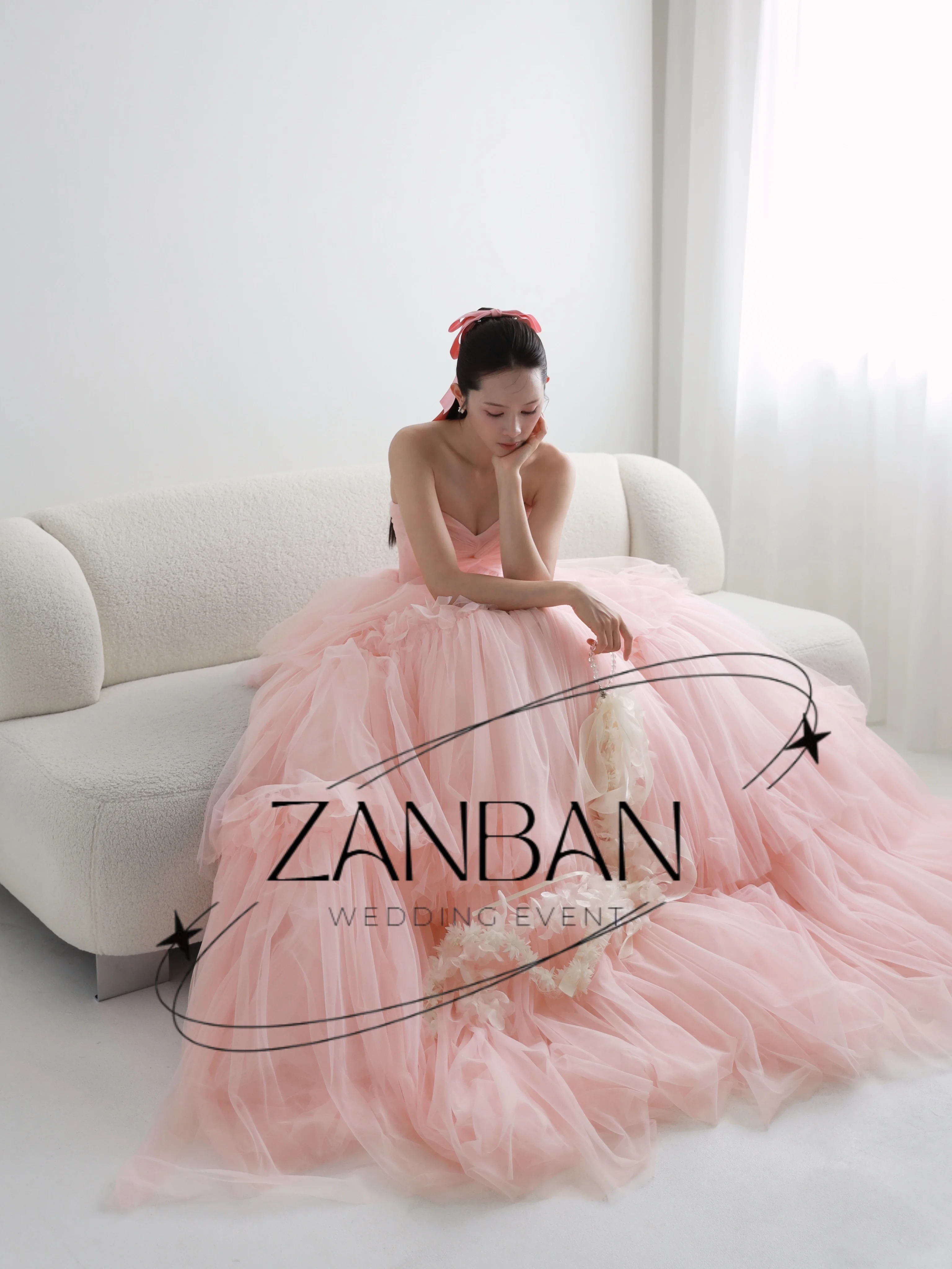 ZanBan Fairy Peachy Pink Tulle A-line Sweetheart Wedding Dress Floor-Length New Bridal Gown Korea Photoshoot 웨딩드레스 Customized