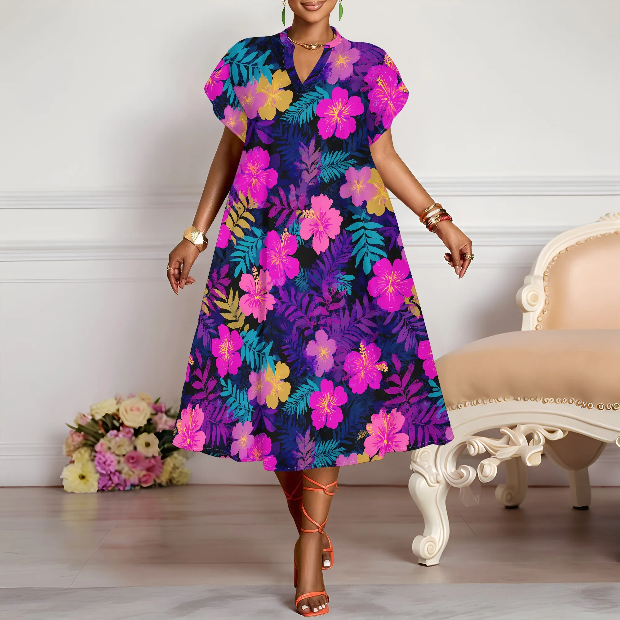 Floral V-Neck Dress, Pink Hibiscus Print, Tropical Leaf Pattern, Summer Casual Wear, Vacation Outfit, XS-2XL