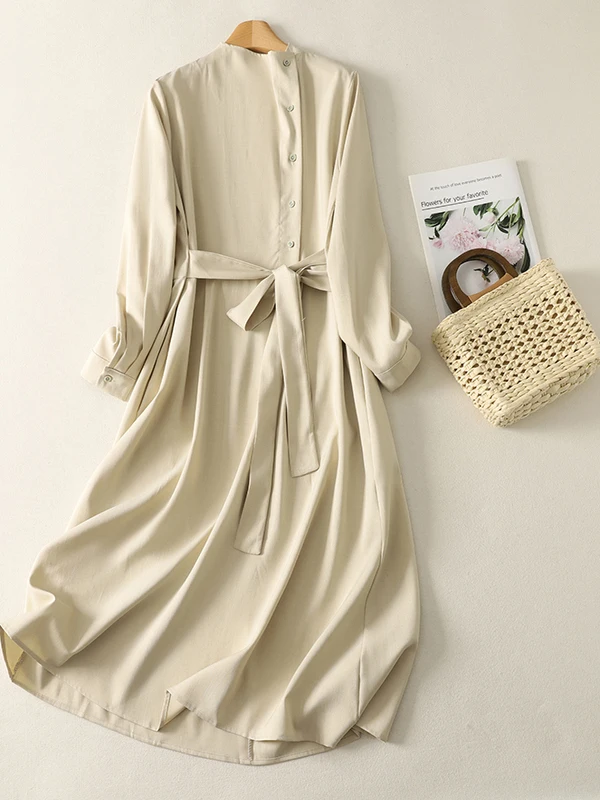 Lente 2026 Dames Lange Sve A-lijn Dr met riem Taille Cinching Zijknop Oversized Comfortabel Katoenmix Dr