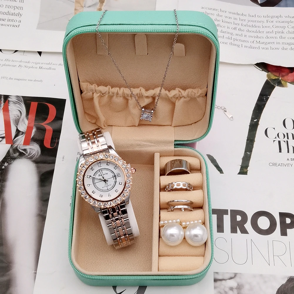 Reloj de lujo con diamantes de imitación para mujer, conjunto de joyería elegante de cristal de acero con caja, 6 piezas