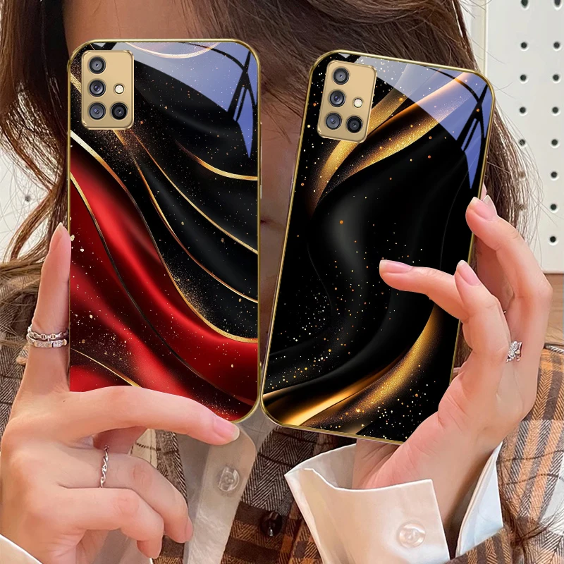 

High end geometric lines For Samsung A 01 52S 04 04e 05S 10 12 13 22 23 24 36 42 M02 Note 10 20Ultra 8 9 Golden glass phone case