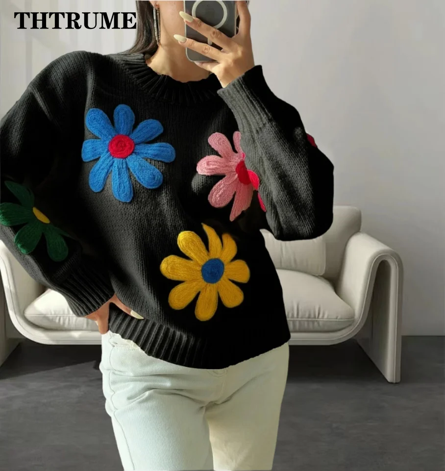 Women Casual Floral Decorative Sweater Fashion Autumn Winter Warm Loose Chic Jumpers Elegant Long Sleeve Outwear New Pullovers