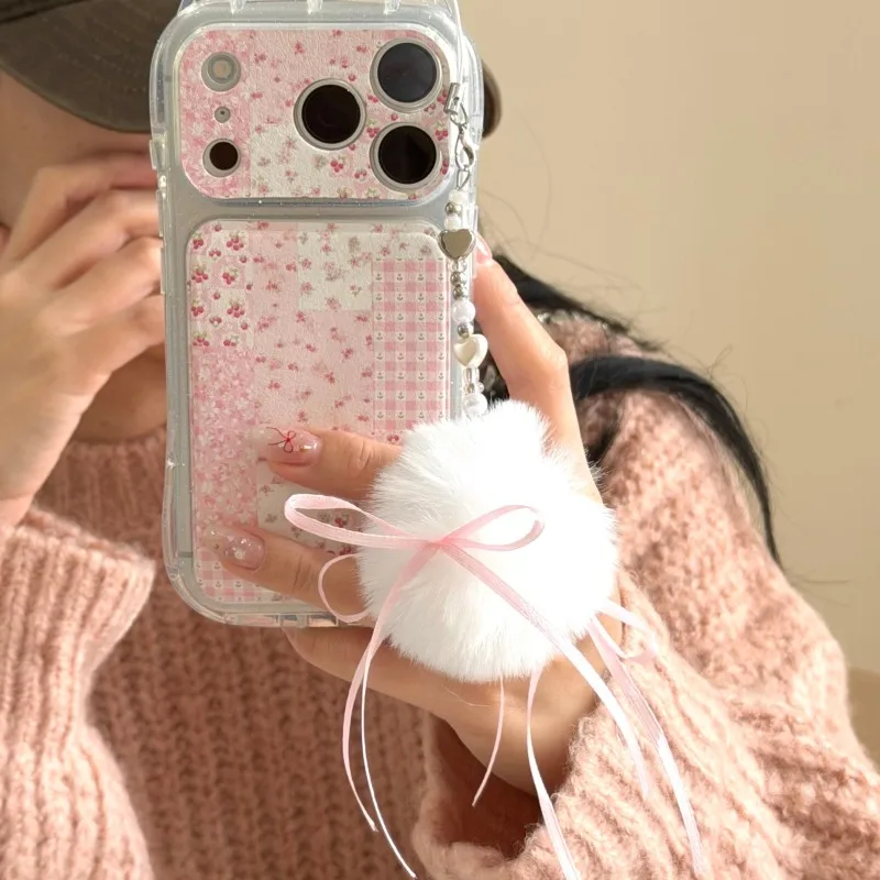 

Korean Cute Cat Ear Flower Painting Leather Phone Case For iPhone 17 Pro 16 15 14 Pro Max Cover with Pendant Silicone Cartoon Ca