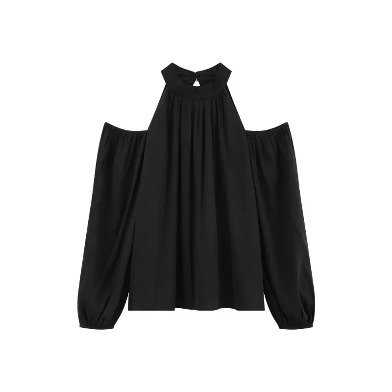 Women Hollow Neck Lantern Sleeve Blouse 2025 Spring Autumn Chiffon Off-Shoulder Shirt Stylish Loose Fit Long Sleeve Casual Top