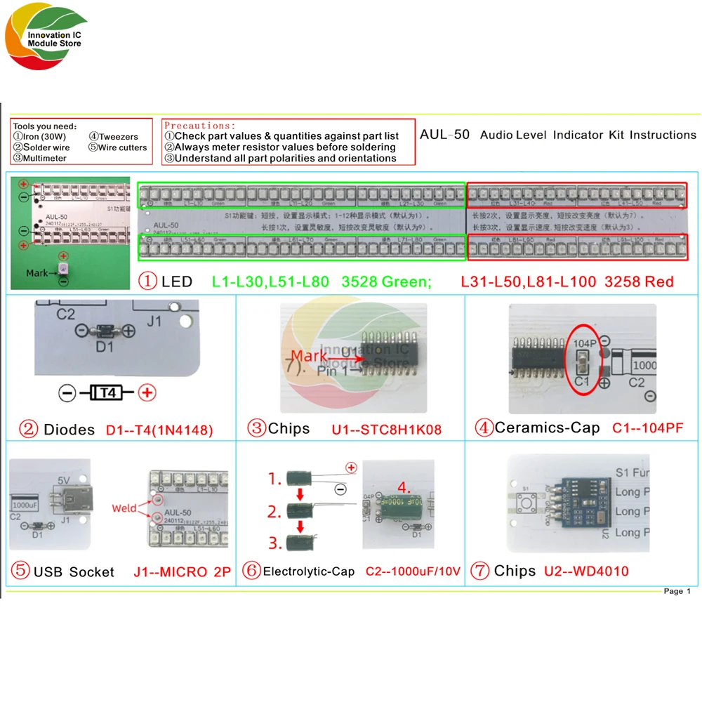 DC 5V Voice Control Level Indicator Kit 2X50 Led Audio Spectrum Diy Welding Exercise Parts