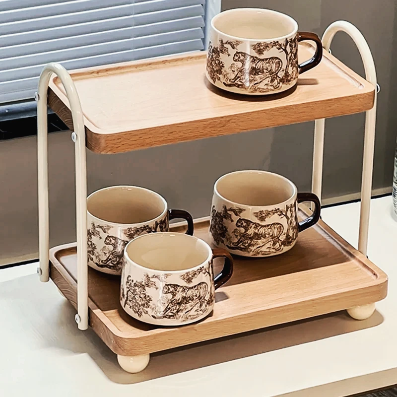 

Cream Wood Feng Shui Cup Storage Rack Luxurious Makeup Organizer Home Light Luxury Coffee Cup Holder Decorative Shelf