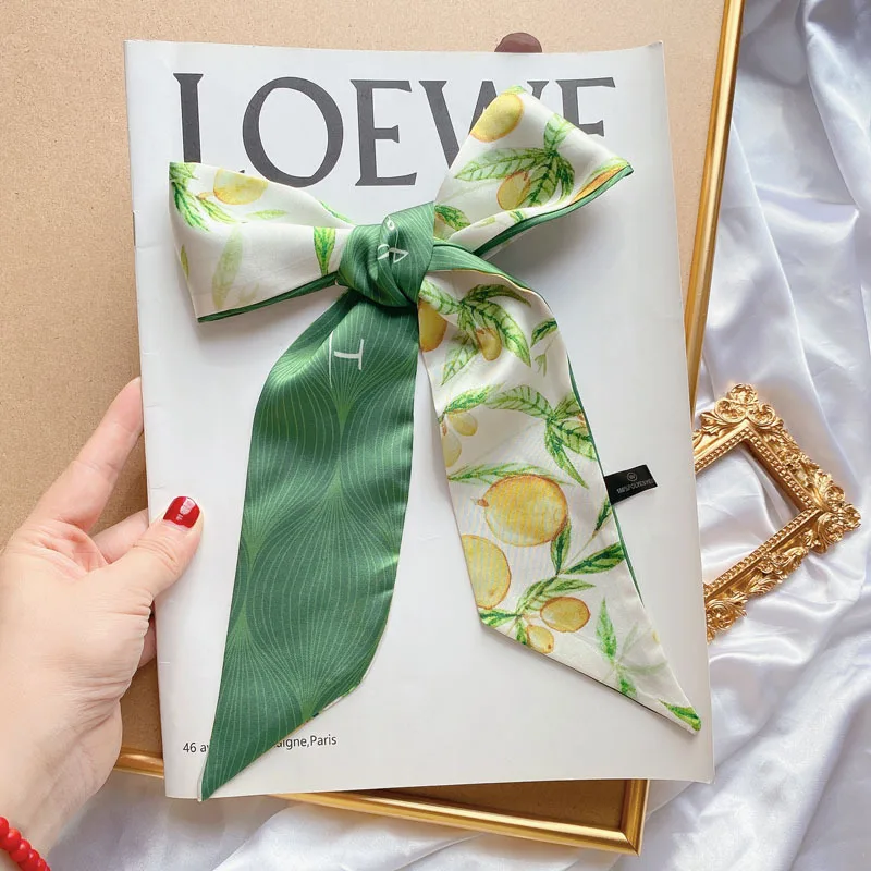 2025 여름 새로운 신선한 과일 시리즈 실크 같은 새틴 작은 리본 여성 헤어 밴드 팔 가방 스카프 능 직물 실크 스카프 머리띠