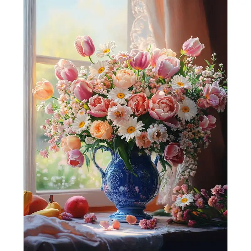 

PhotoCustom Painting By Numbers Pink Flowers Kit Drawing On Canvas Diy Paint By Number For Adults Gift Home Decor Wall Art