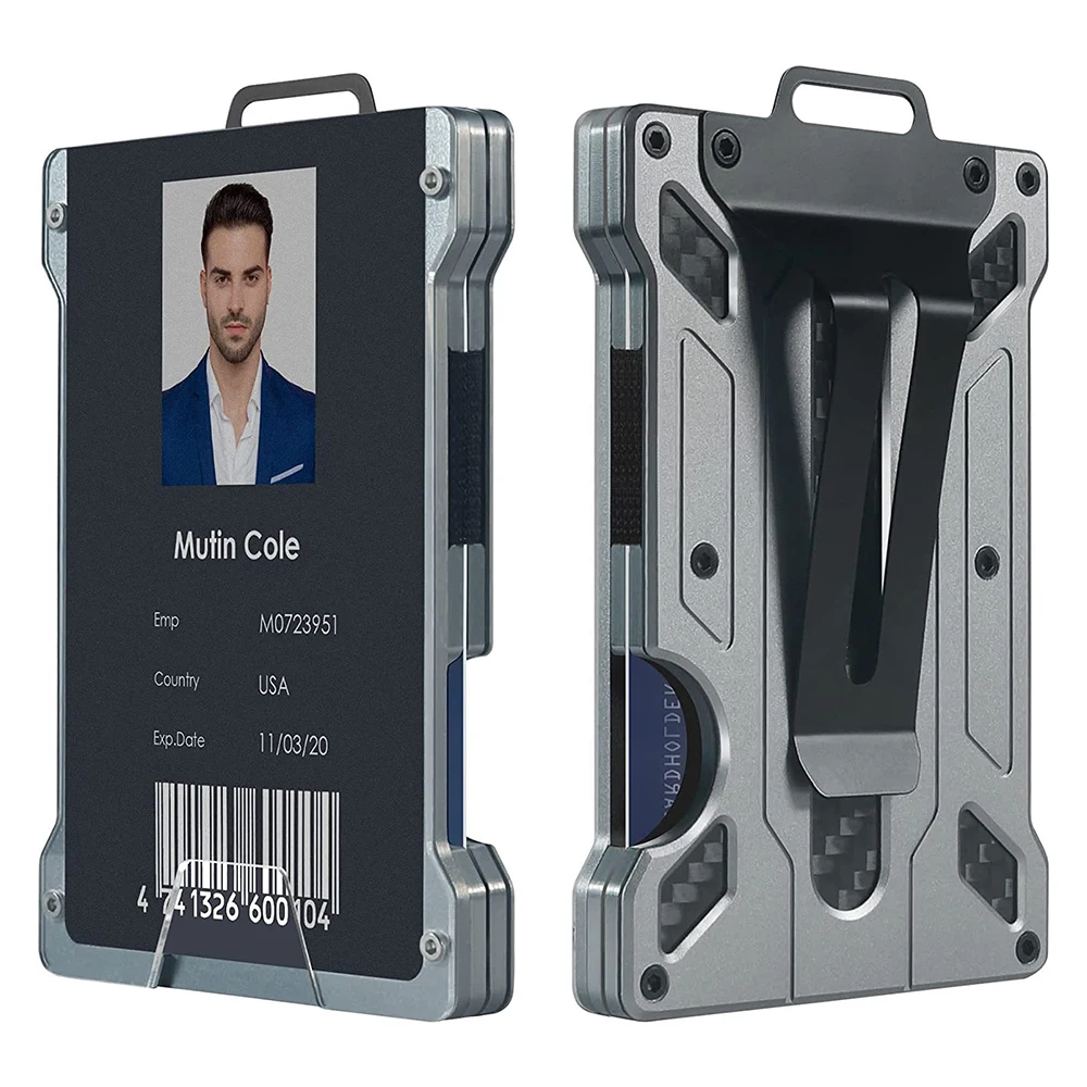 Carteira para homens, clipe de dinheiro de metal de alumínio fino com 1 janela transparente, suporte de crachá de identificação, bloqueio RFID, comporta 15 cartões com clipe de dinheiro