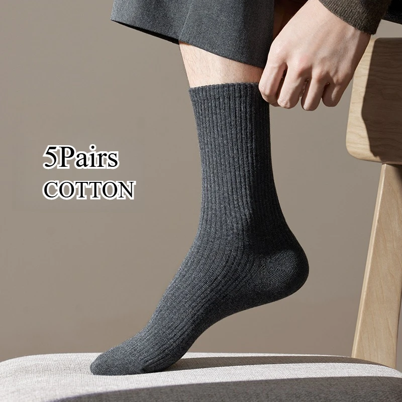 

5Pairs Men's Thermal Cotton Crew Socks High Quality Moisture-Wicking Work Socks with Cushioned Sole Comfort Black Men's Socks