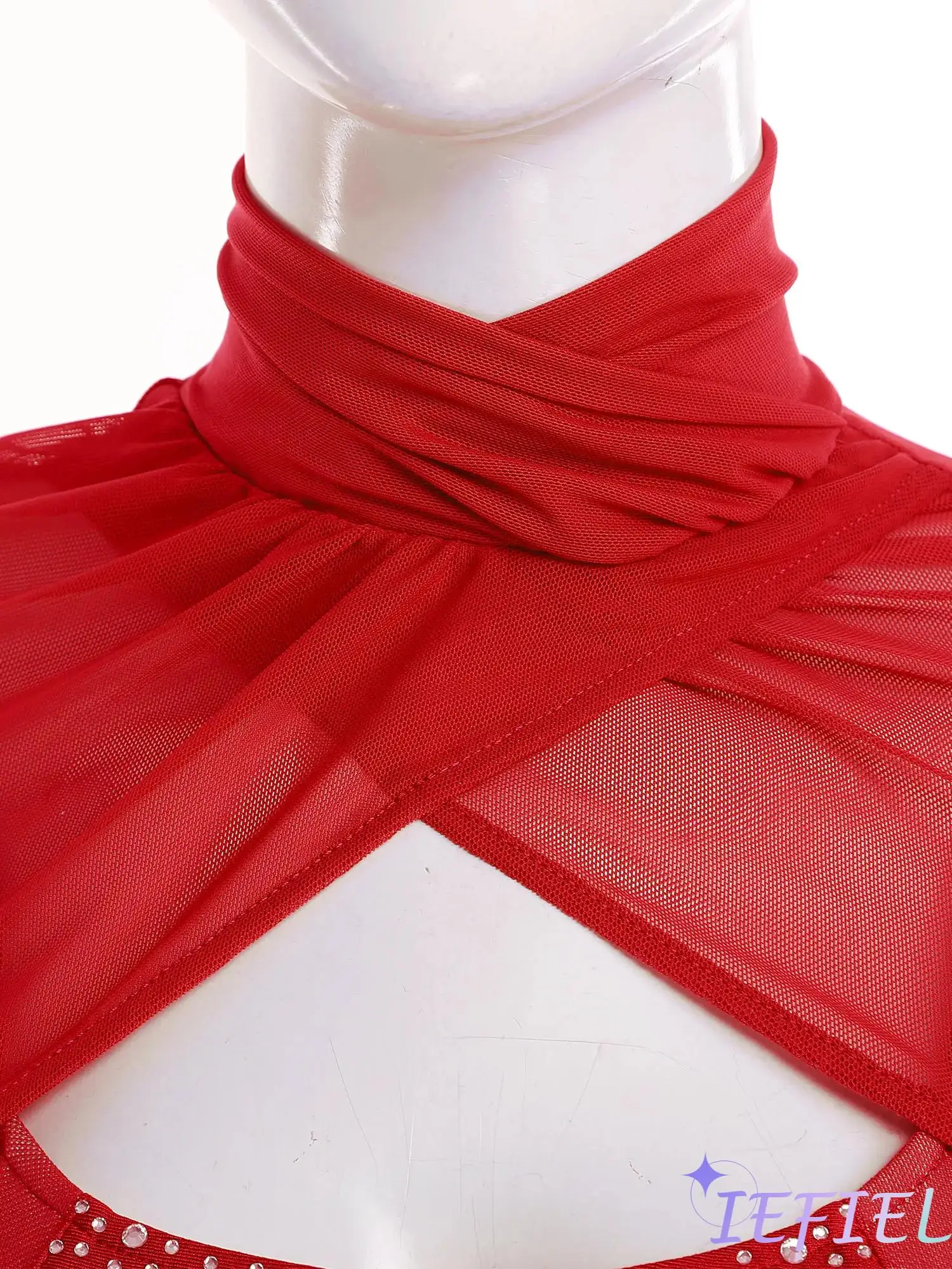 

Womens Figure Skating Competition Leotard Cut Out Front Mesh Panel Mock Neck Long Sleeve Rhinestone Ballet Latin Dance Costume