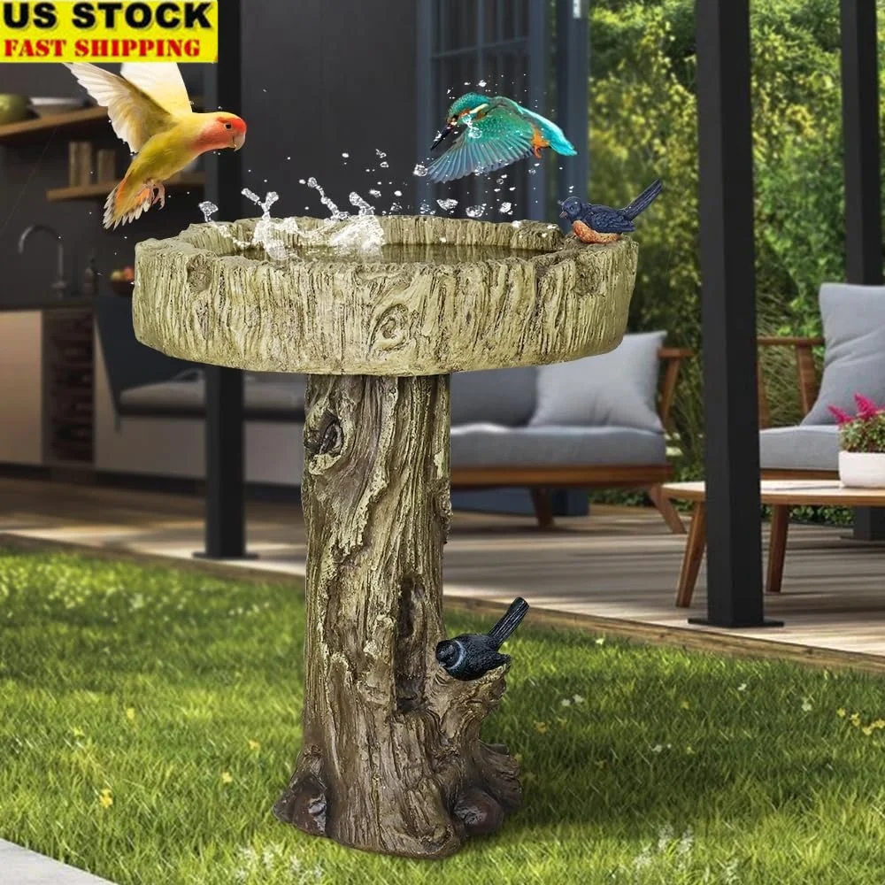 

Outdoor Garden Bird Bath Fountain 24.4 Inch Fibre Reinforced Concrete Rustic Tree Trunk Pedestal Decorative Yard Statue