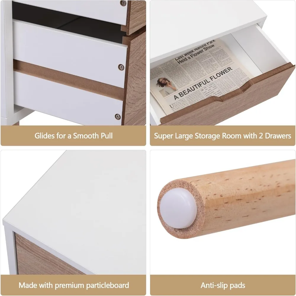 طقم طاولات بجانب السرير مكون من قطعتين مع أدراج وأرجل خشبية صلبة وتخزين كبير ومنضدة ليلية للطاولات النهاية