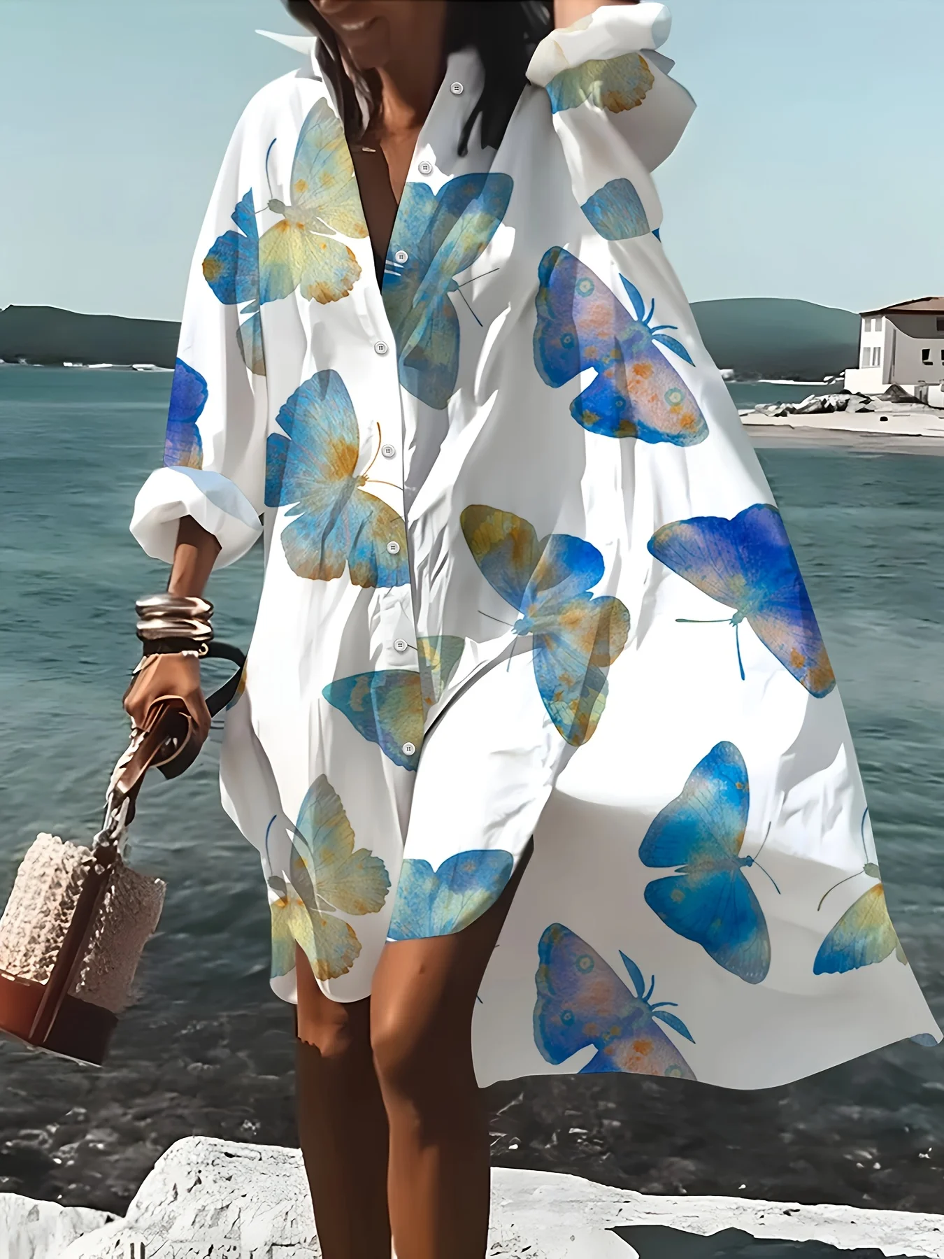 Lässiges Blaues Ombre-Schmetterlingsdruck Langarm-Hemdkleid Damen Sommer Modekleid Trendiges Locker Sitzendes A-Linien-Kleid 2024