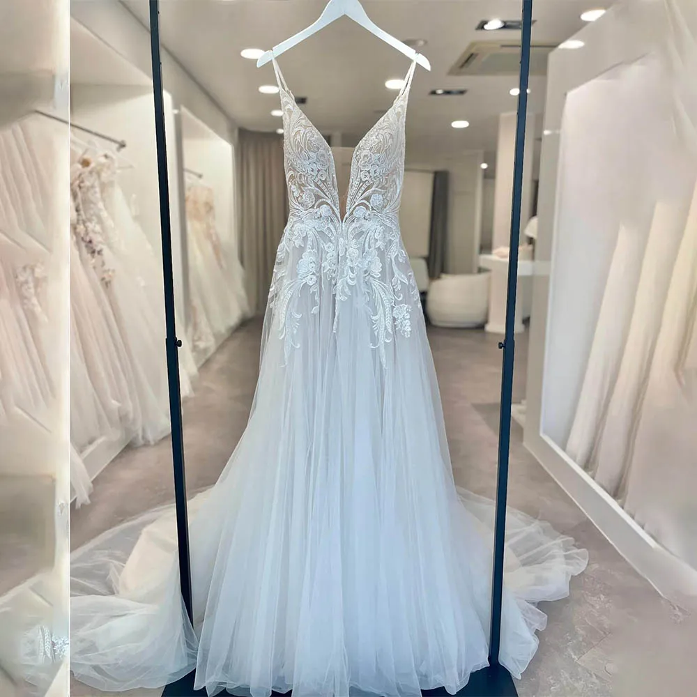 

Sext Свадебные платья трапециевидной формы с двумя бретелями и v-образным вырезом, кружевные аппликации, свадебные платья на заказ, 2026 Vestido De Noiva