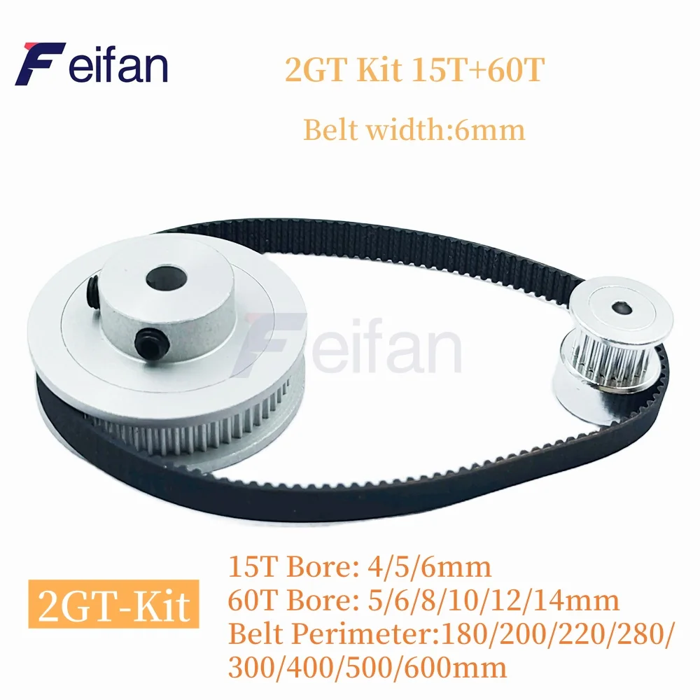 60T 15Teeth 2GT Pulley Belt Kit Belt Width 6mm Reduction 4:1 Bore 3~12mm 3D Printer Synchronous Wheels 2M GT2 Timing Pulley Set