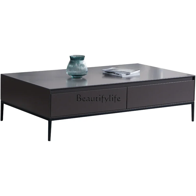 

LMinimalist coffee table Nordic advanced gray paint with drawers Light luxury high feet Simple and modern