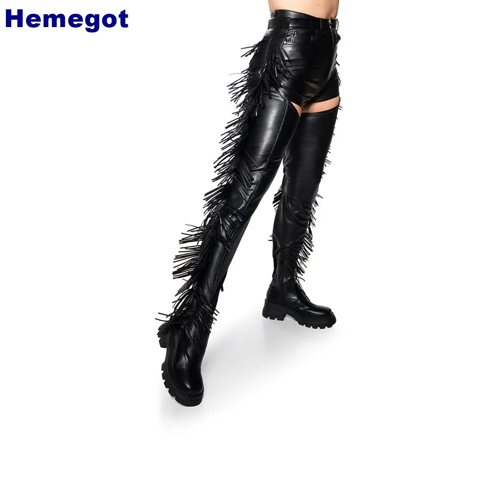 Sexy Ladies Black Fringed Waist Boots Platform Winter Catwalk Street Belt Buckle Thin High Heels Fashion Women Over Knee Shoes