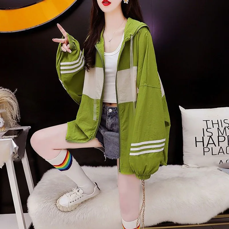 Summer Female Casual Fahsion Striped Spliced Zipper Cardigan Loose All-match Thin Long Sleeve Hooded Jackets Women\'s Clothing