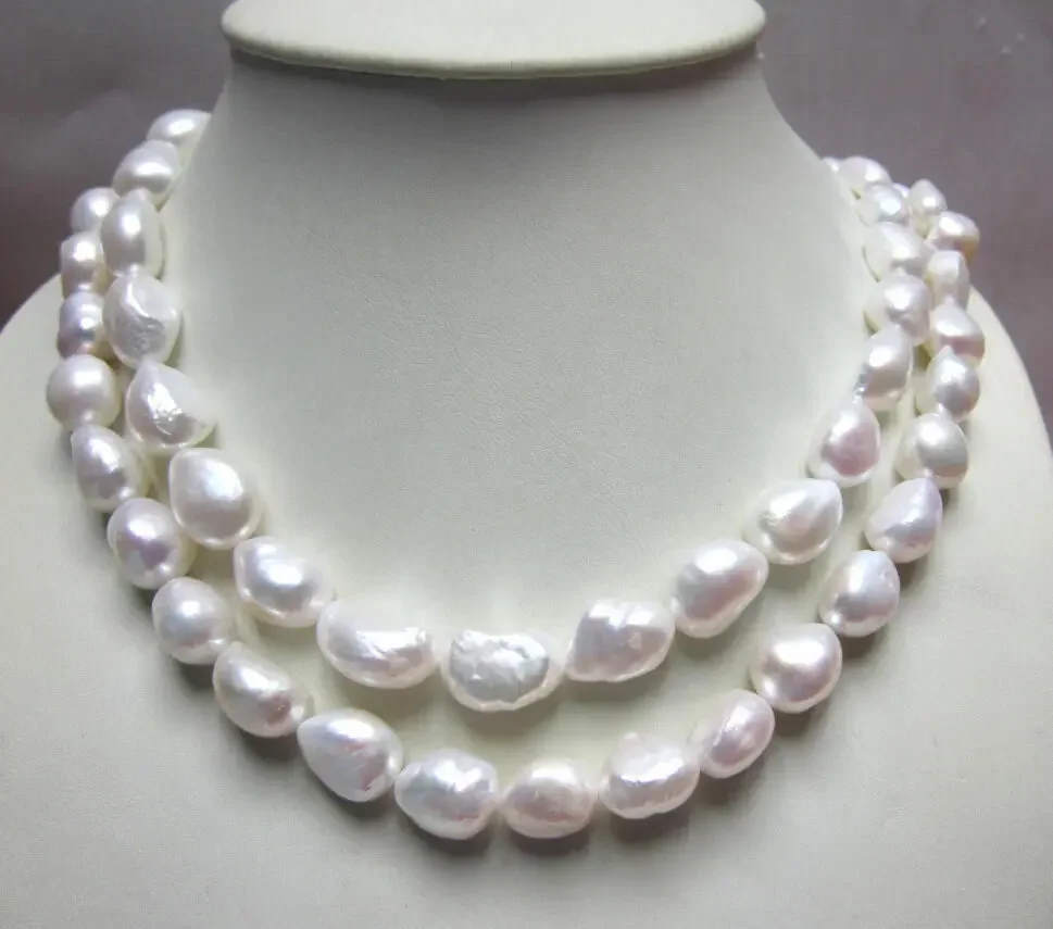 

Long 9-10MM white real natural baroque Pearl necklace 32 inches 14K GP