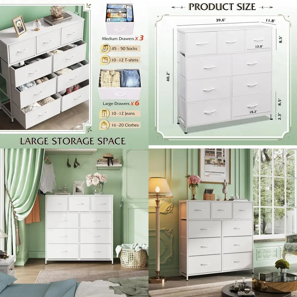 9-Tier Fabric Storage Tower for Bedroom, Hallway, or Closet with Easy Pull Handles, White