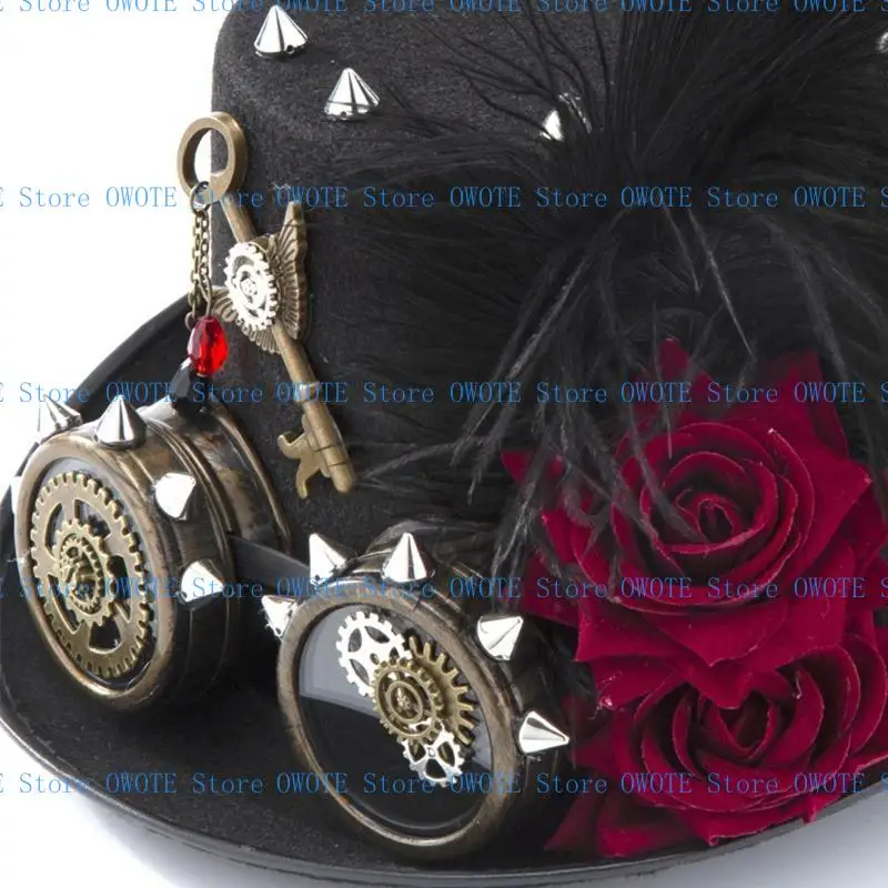 

A52E Punk Gothic Top Hat Goggles Dark Rose Steampunk Halloween Hat для карнавальной вечеринки