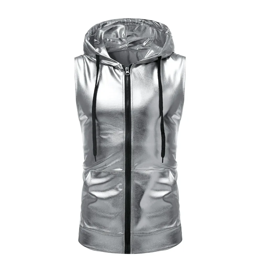 Gold Silver Black Color Sleeveless Top Men Summer Fashionable Dance Bright Color Hooded Drawstring