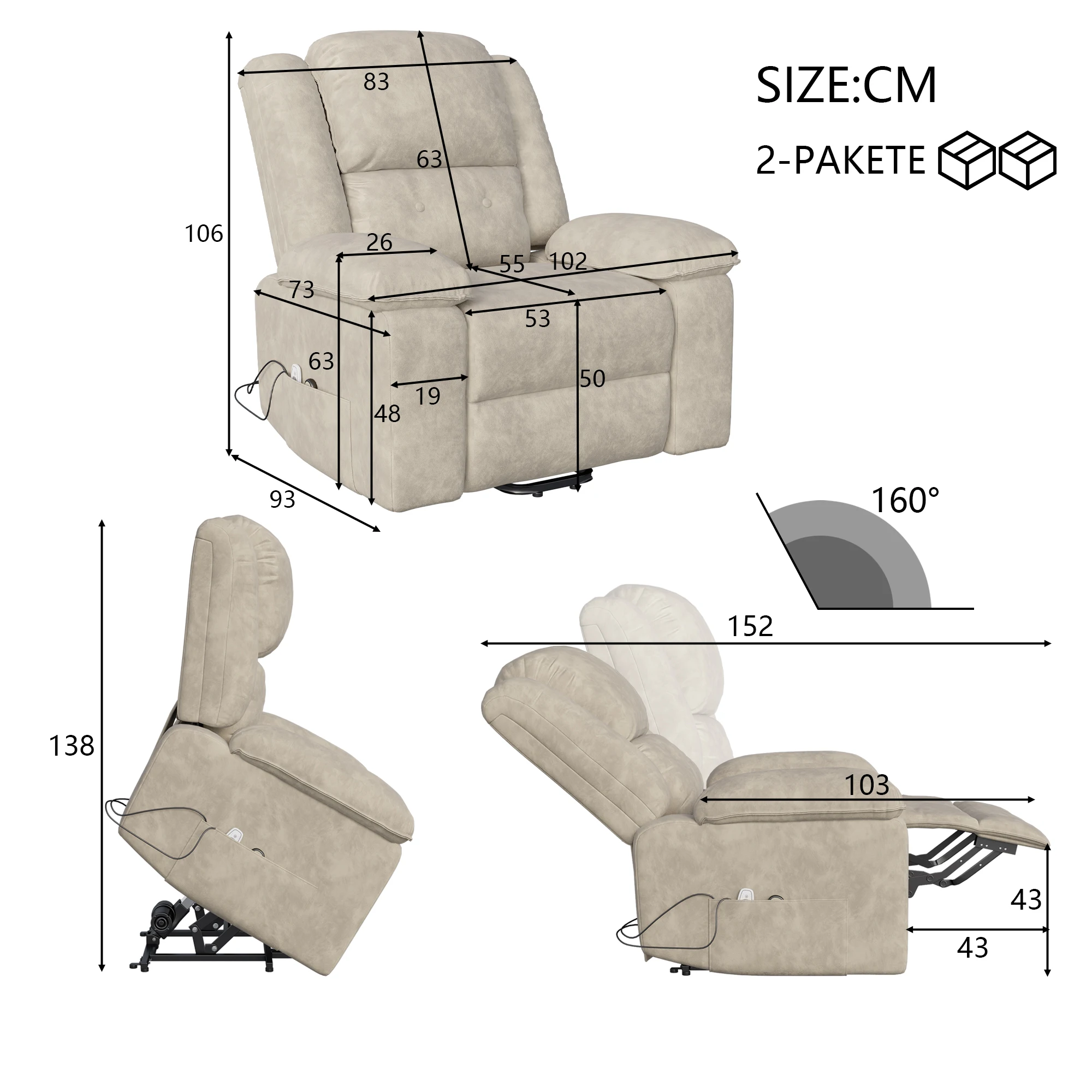 Comanlai Elektrische Relaxfauteuil met 8-punts massage, verwarmingsfunctie, verstelbare voetensteun en zijvakken voor de woonkamer. - afbeelding 1