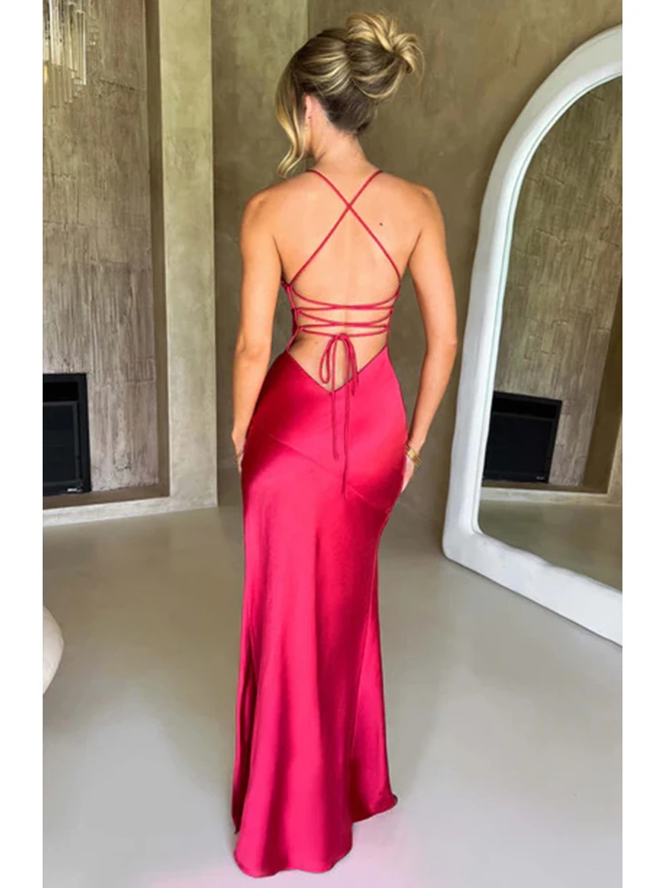 Bandage Backless Elegante Jurk Split Zoom Spaghetti Slanke Cocktail Party Club Mode Satijn Effen Lace-Up Lange Jurken